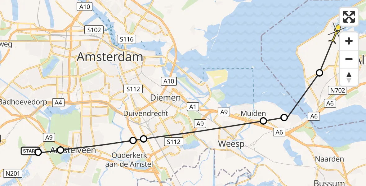 Routekaart van de vlucht: Politieheli naar Almere, Meester Jac. Takkade