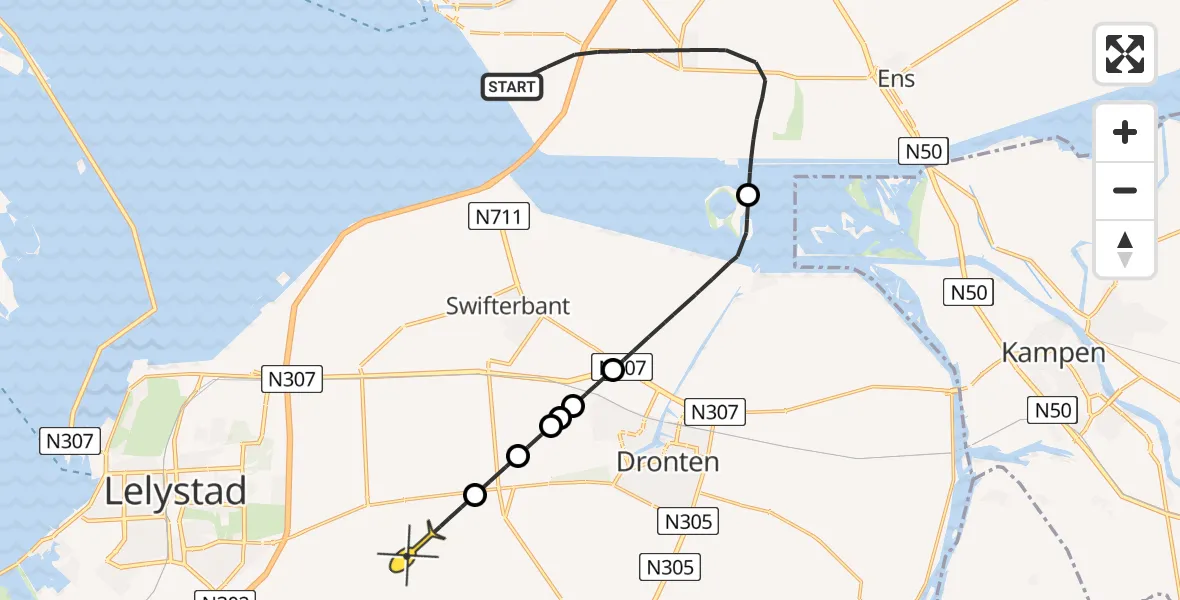 Routekaart van de vlucht: Politieheli naar Lelystad, Monnikentocht