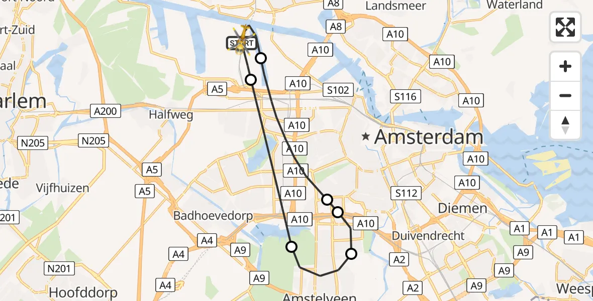 Vluchtroute Traumahelikopter van Amsterdam Heliport naar Amsterdam Heliport