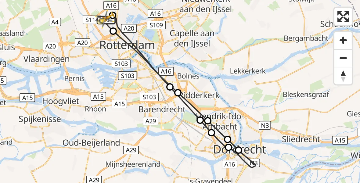 Vluchtroute Traumahelikopter Rotterdam The Hague Airport - Rotterdam The Hague Airport, 09 februari 2024, 11:46