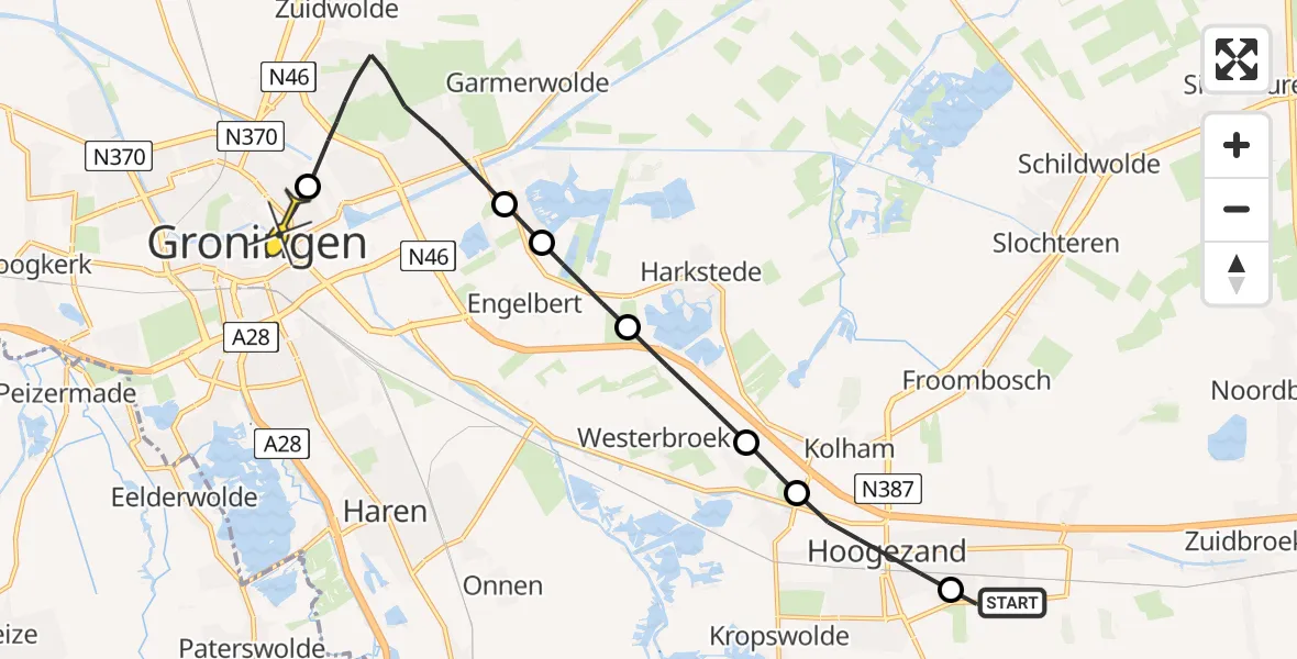 Routekaart van de vlucht: Lifeliner 4 naar Universitair Medisch Centrum Groningen, Boomgaard