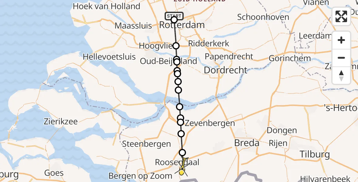 Routekaart van de vlucht: Lifeliner 2 naar Roosendaal, Overschiese Kleiweg