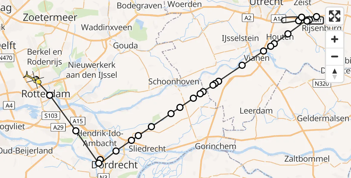 Routekaart van de vlucht: Politieheli naar Rotterdam The Hague Airport, Hoge Woerd