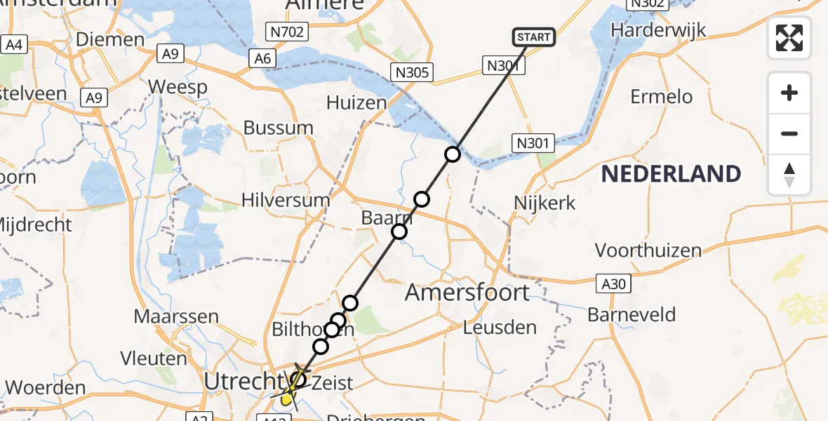 Routekaart van de vlucht: Lifeliner 1 naar Universitair Medisch Centrum Utrecht, Bosruiterweg