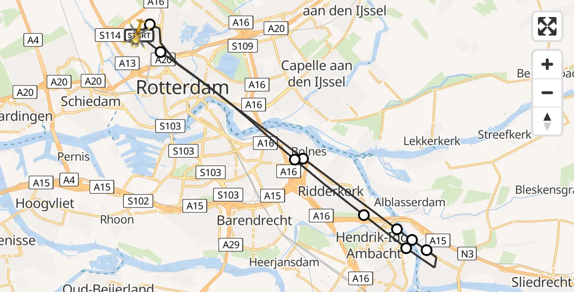 Vluchtroute Traumahelikopter Rotterdam The Hague Airport - Rotterdam The Hague Airport, 09 februari 2024, 16:27