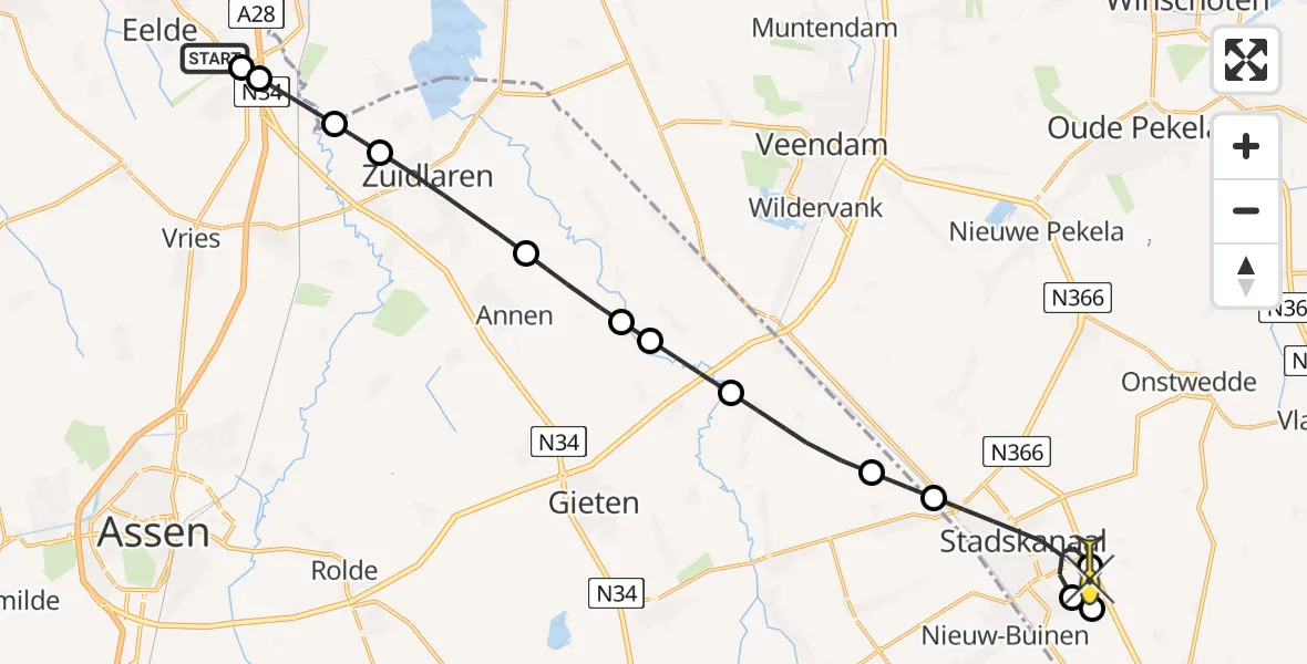 Routekaart van de vlucht: Lifeliner 4 naar Stadskanaal, A.G. Wildervanckweg