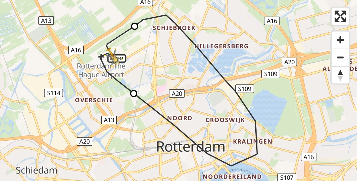 Vluchtroute Traumahelikopter Rotterdam The Hague Airport - Rotterdam The Hague Airport, 09 februari 2024, 19:08