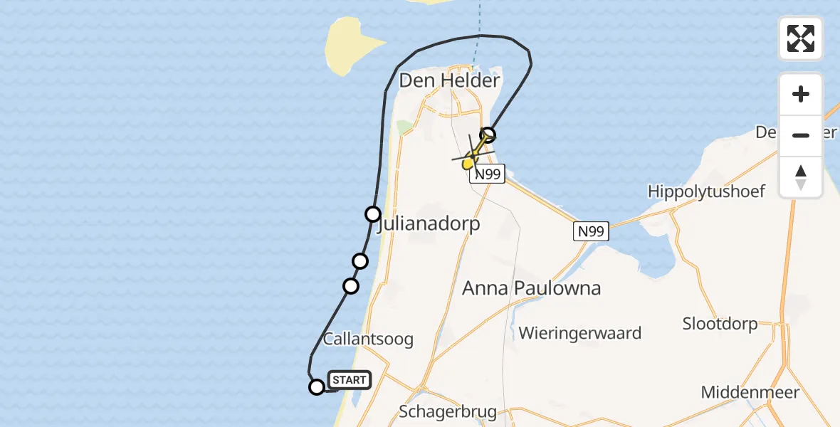 Routekaart van de vlucht: Kustwachthelikopter naar Vliegveld De Kooy, Bokkeneiland
