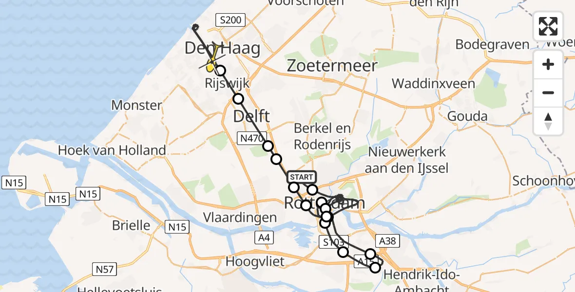 Vluchtroute Politiehelikopter van Rotterdam The Hague Airport naar Den Haag
