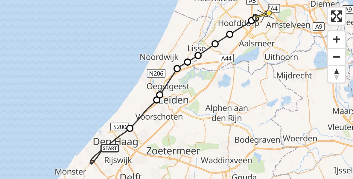 Routekaart van de vlucht: Politieheli naar Luchthaven Schiphol, Delftselaan