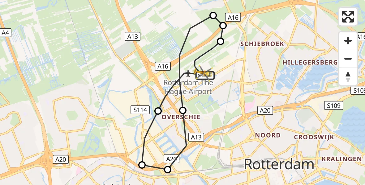 Vluchtroute Traumahelikopter Rotterdam The Hague Airport - Rotterdam The Hague Airport, 10 februari 2024, 00:12