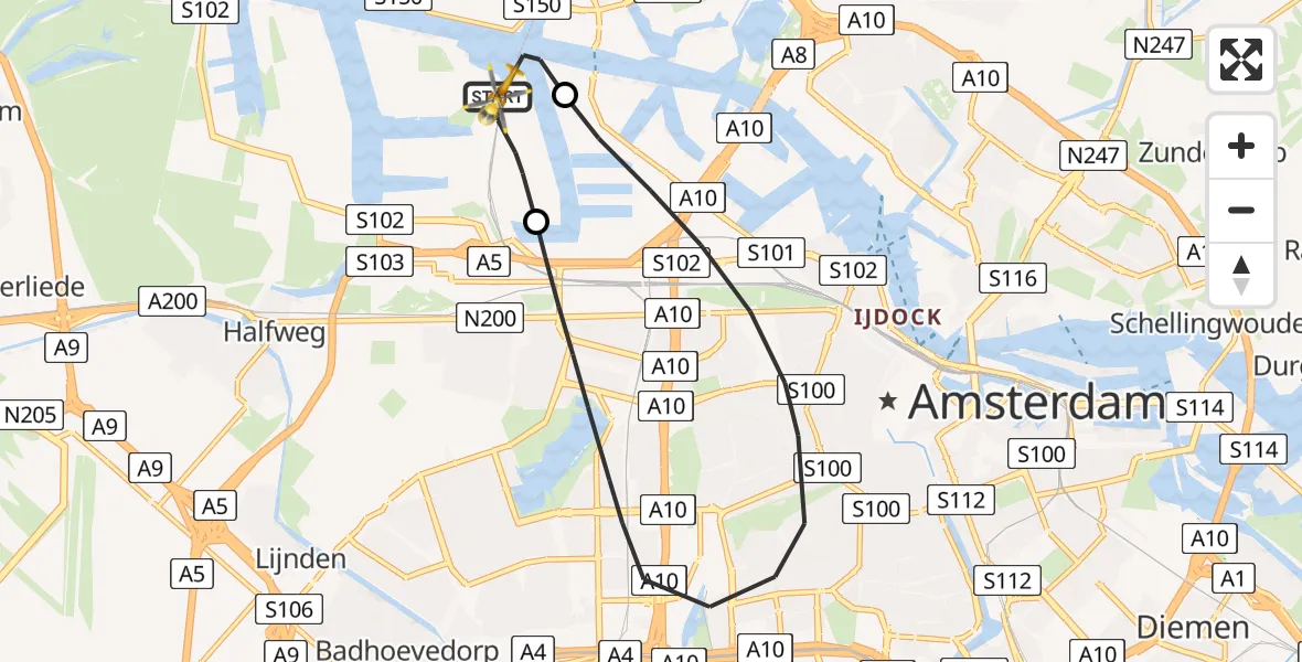 Vluchtroute Traumahelikopter van Amsterdam Heliport naar Amsterdam Heliport