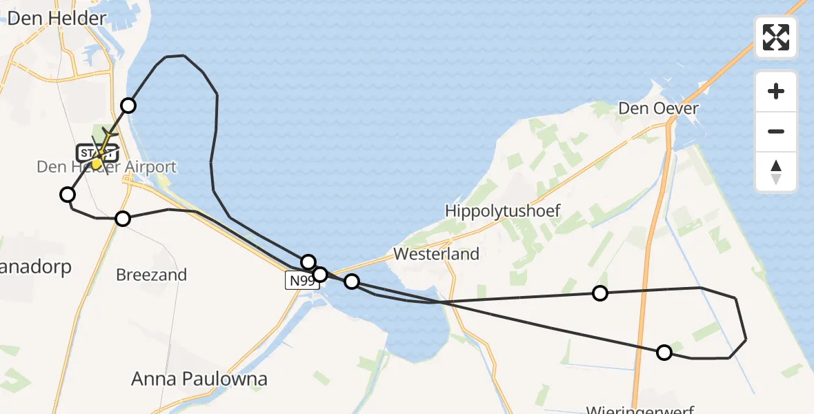 Routekaart van de vlucht: Kustwachthelikopter naar Vliegveld De Kooy, Maria's hoeve