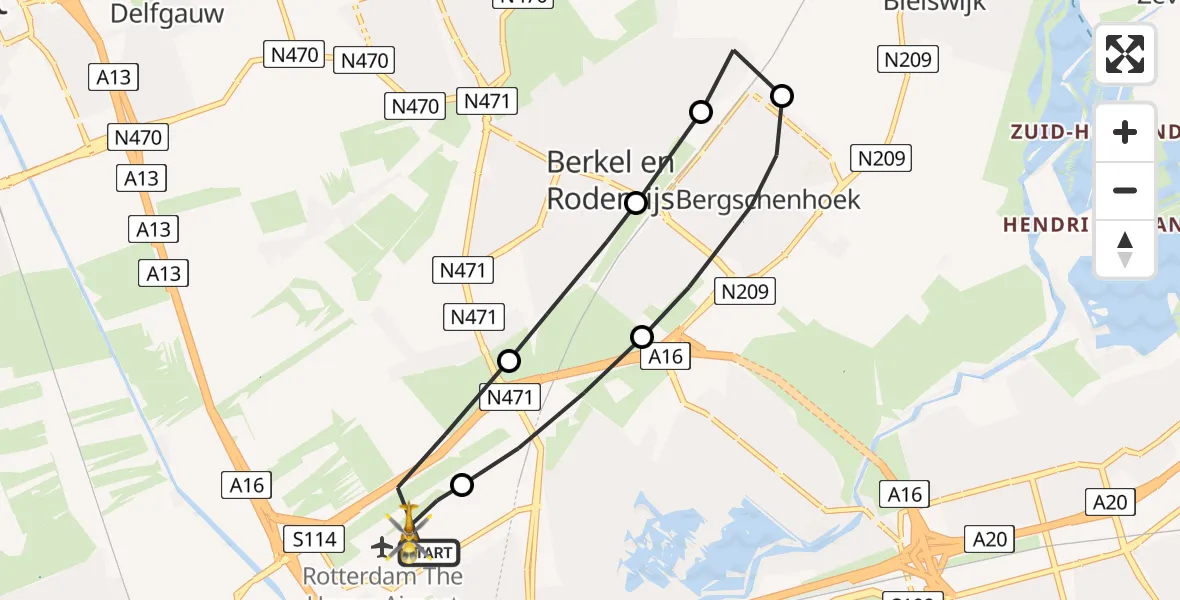 Vluchtroute Traumahelikopter Rotterdam The Hague Airport - Rotterdam The Hague Airport, 10 februari 2024, 10:02