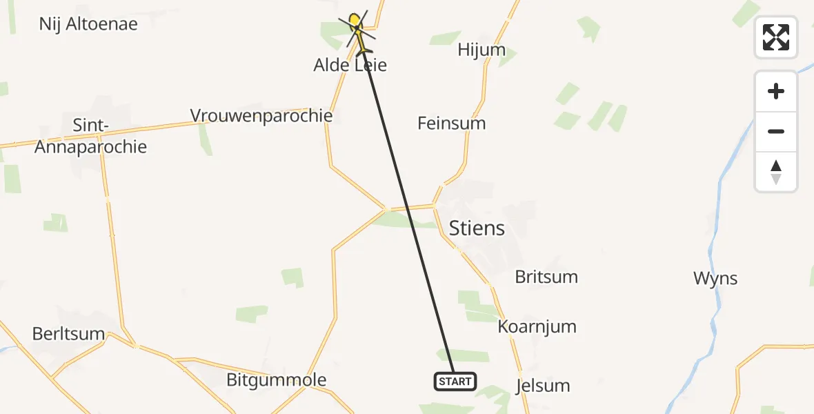 Routekaart van de vlucht: Ambulancehelikopter naar Alde Leie, Arjen Roelswei