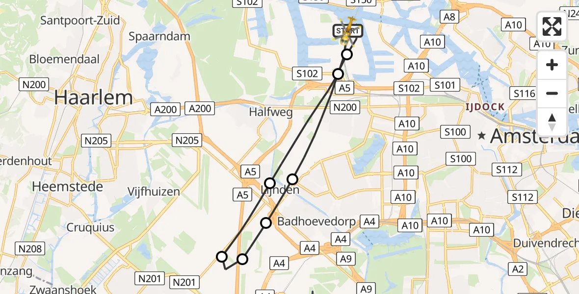 Routekaart van de vlucht: Lifeliner 1 naar Amsterdam Heliport, Nieuw-Zeelandweg