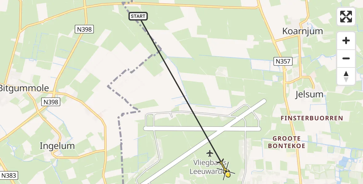 Routekaart van de vlucht: Ambulancehelikopter naar Vliegbasis Leeuwarden, Keegsdijkje