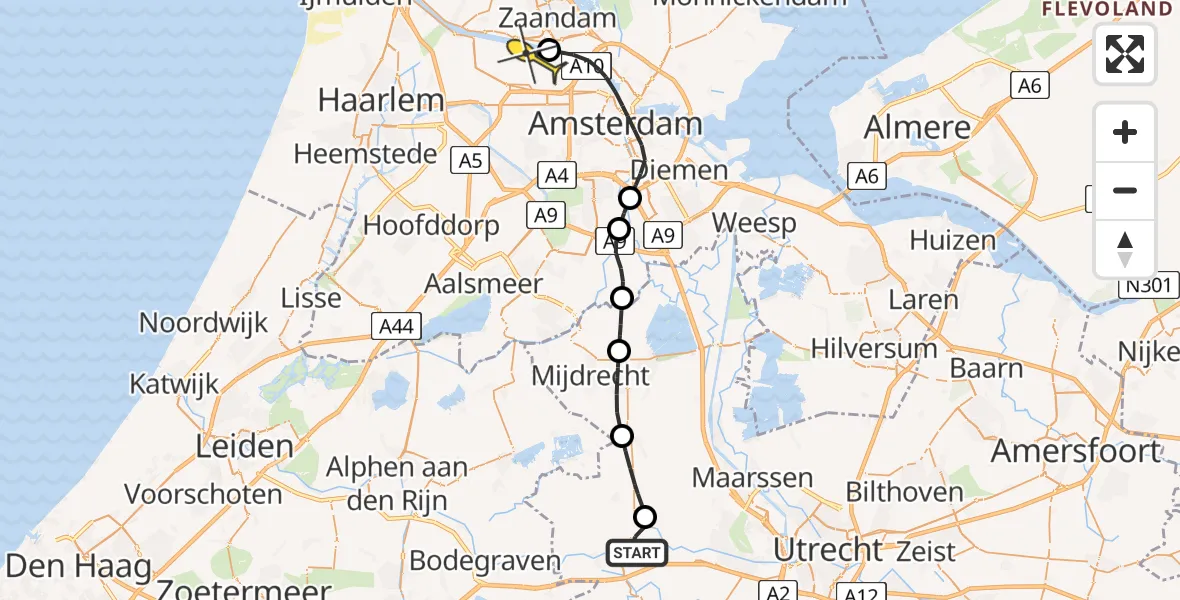 Routekaart van de vlucht: Lifeliner 1 naar Amsterdam Heliport, Geestdorp