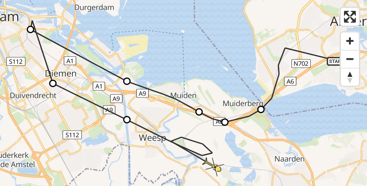 Routekaart van de vlucht: Politieheli naar Weesp, Saturnussingel