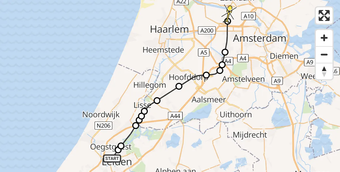 Routekaart van de vlucht: Lifeliner 1 naar Amsterdam Heliport, Oegstgeesterweg