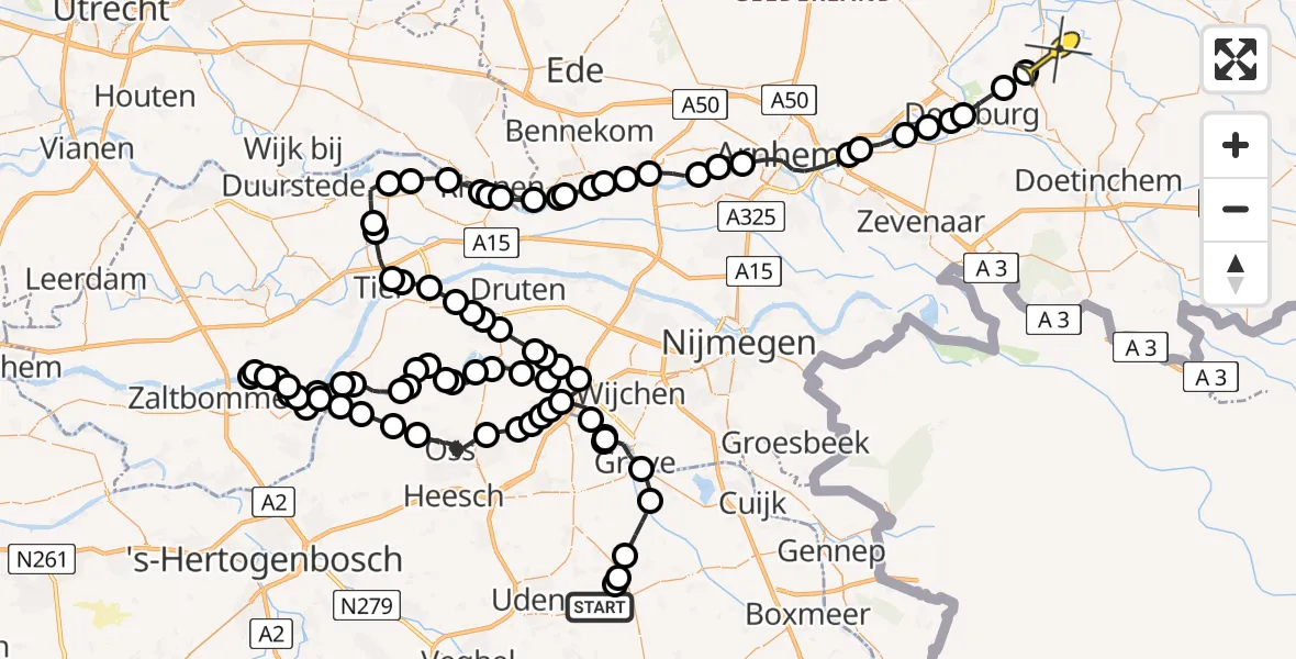 Routekaart van de vlucht: Politieheli naar Toldijk, Zeelandsedijk