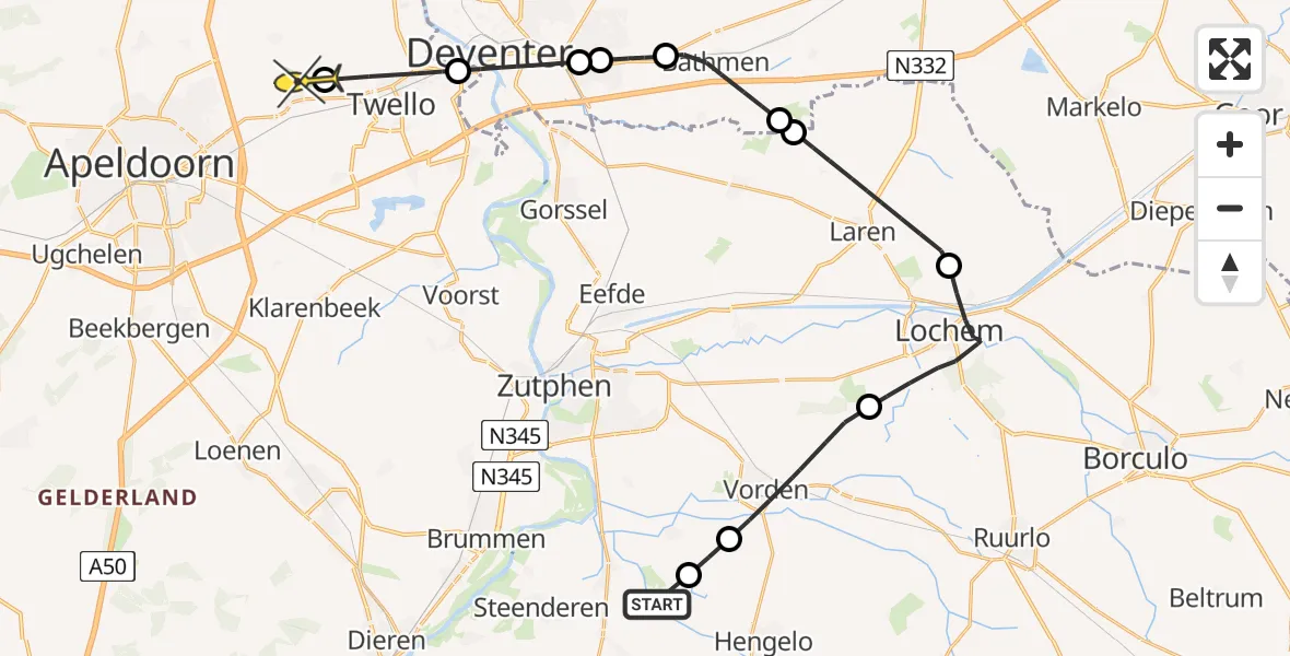 Routekaart van de vlucht: Politieheli naar Vliegveld Teuge, Polweg
