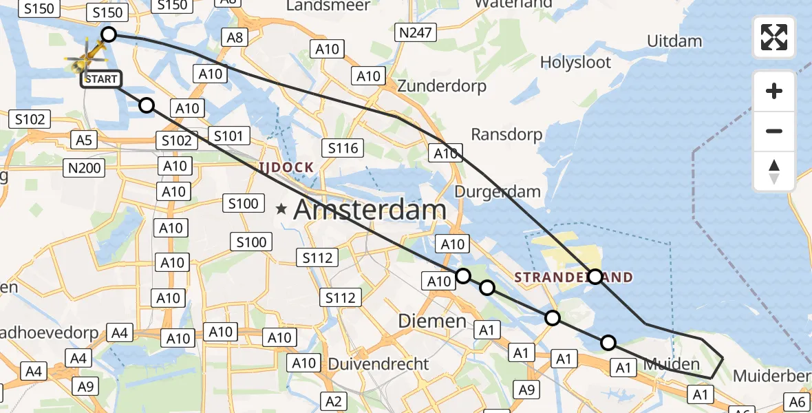 Vluchtroute Traumahelikopter van Amsterdam Heliport naar Amsterdam Heliport