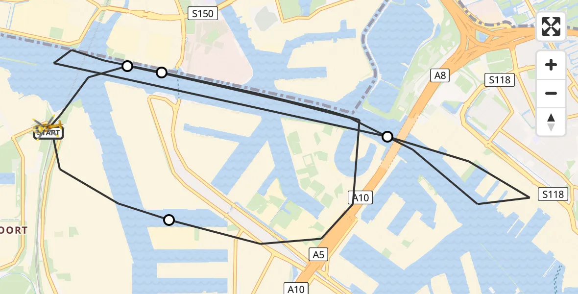 Vluchtroute Traumahelikopter van Amsterdam Heliport naar Amsterdam Heliport