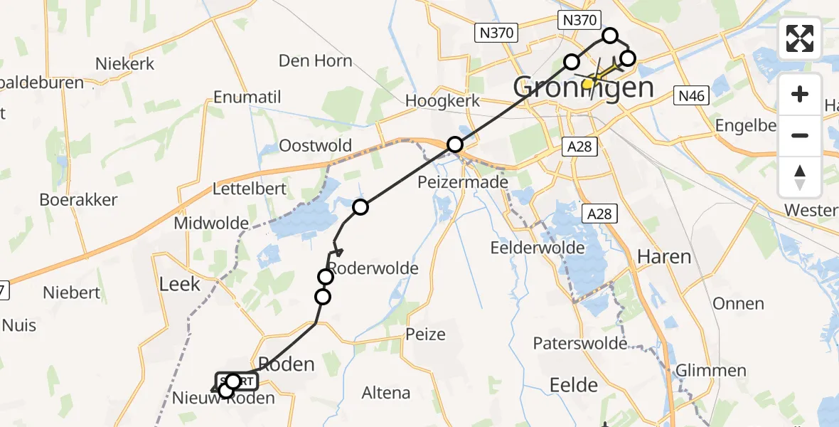 Routekaart van de vlucht: Lifeliner 4 naar Universitair Medisch Centrum Groningen, Langewijk