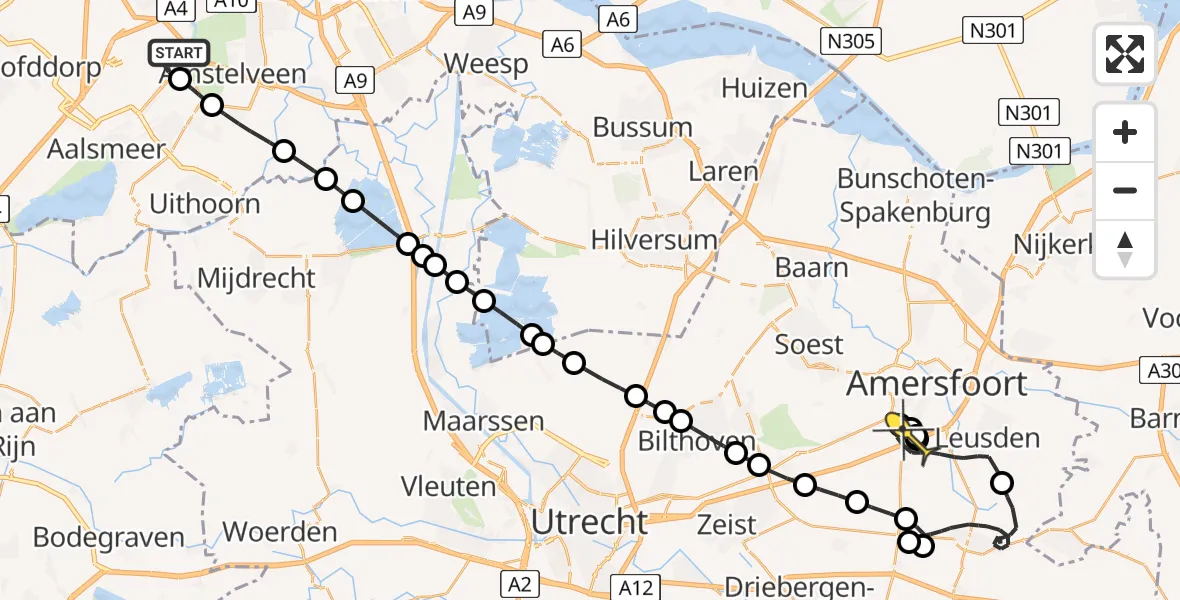 Routekaart van de vlucht: Politieheli naar Leusden, Amsterdam-Bataviaweg