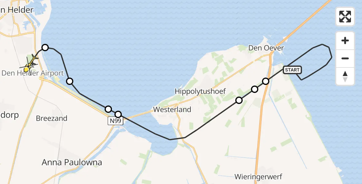 Routekaart van de vlucht: Kustwachthelikopter naar Vliegveld De Kooy, Sluitgatweg