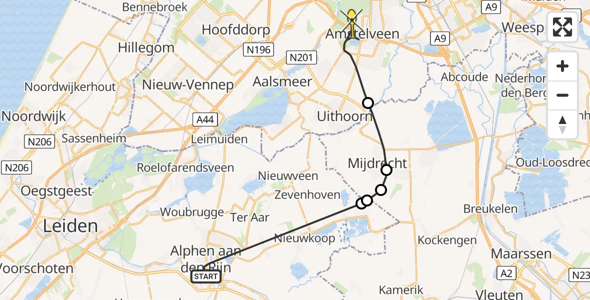 Routekaart van de vlucht: Politieheli naar Amstelveen