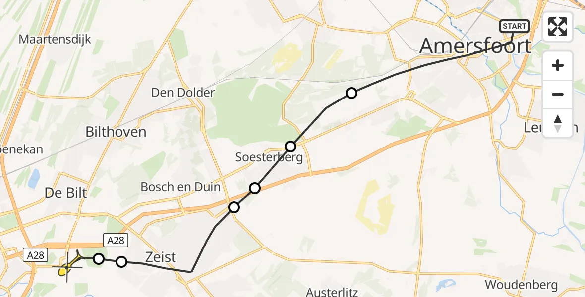 Routekaart van de vlucht: Lifeliner 1 naar Universitair Medisch Centrum Utrecht, Eskadronplein