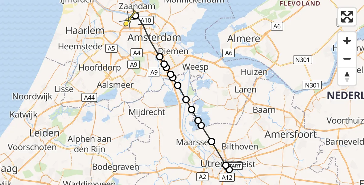 Routekaart van de vlucht: Lifeliner 1 naar Amsterdam Heliport, Zandlaan