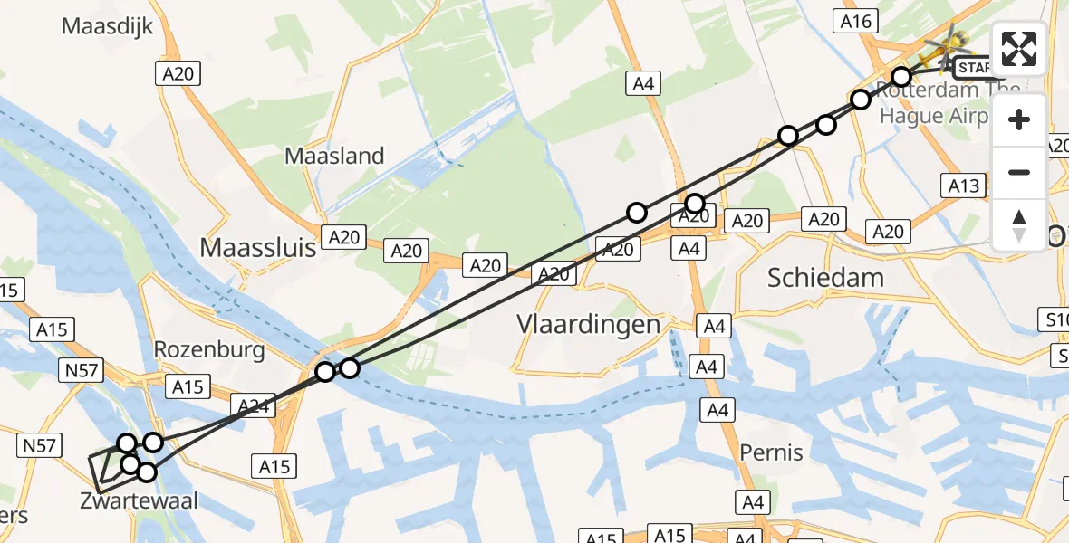 Vluchtroute Traumahelikopter Rotterdam The Hague Airport - Rotterdam The Hague Airport, 11 februari 2024, 17:36