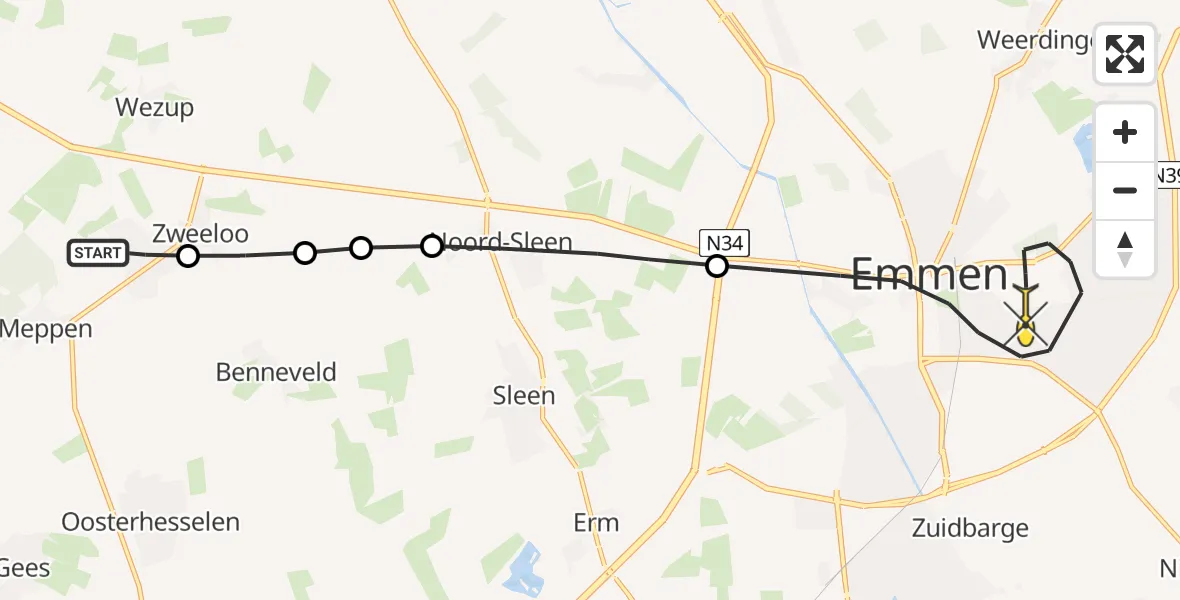 Routekaart van de vlucht: Lifeliner 4 naar Emmen, Aelder Hooghe