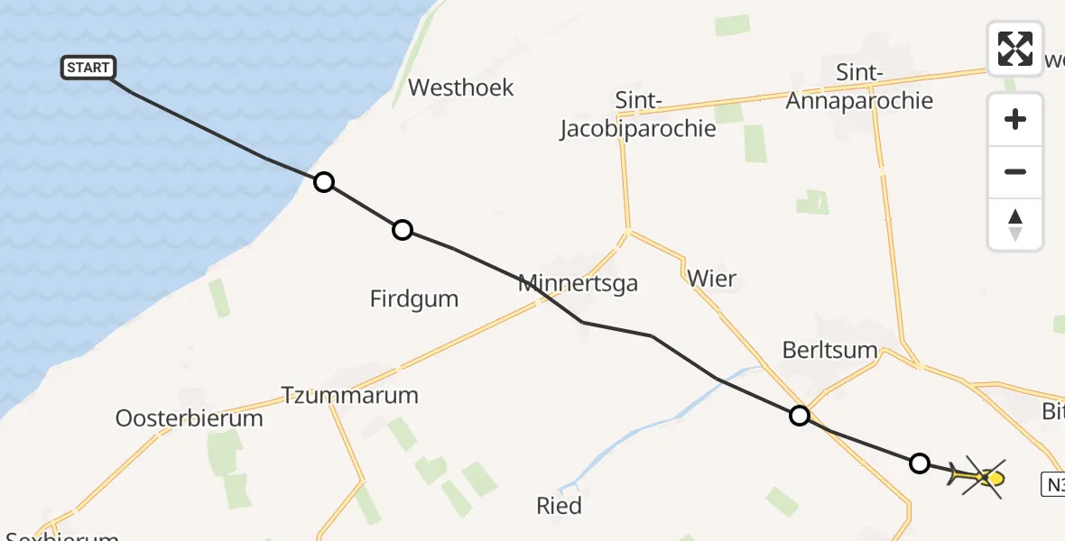 Routekaart van de vlucht: Ambulancehelikopter naar Menaam, Sedyk