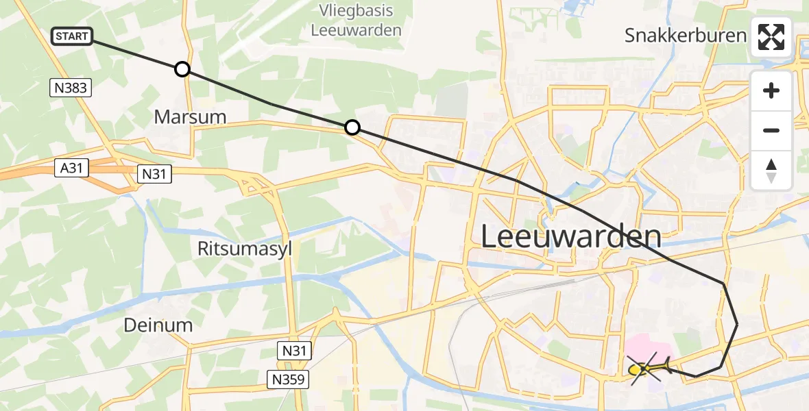 Routekaart van de vlucht: Ambulanceheli naar Leeuwarden, Bitgumerdyk