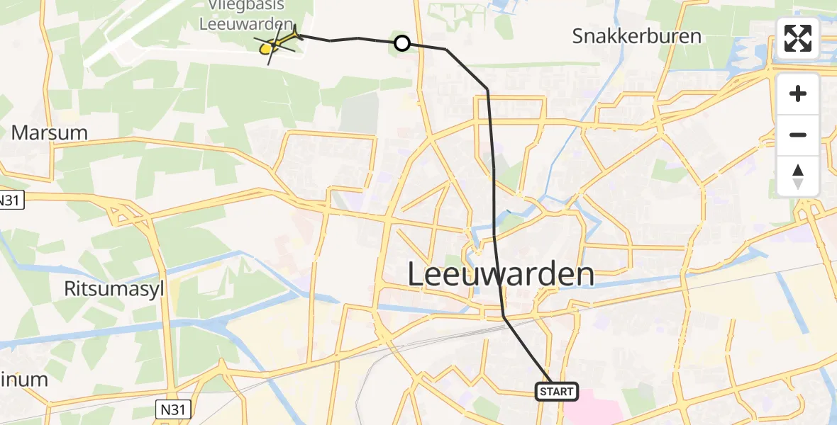 Vluchtroute Ambulancehelikopter van Leeuwarden naar Vliegbasis Leeuwarden
