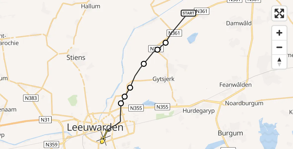 Routekaart van de vlucht: Ambulanceheli naar Leeuwarden, Lauwersseewei