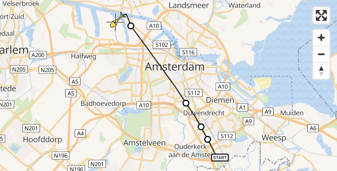 Routekaart van de vlucht: Lifeliner 1 naar Amsterdam Heliport, Muntbergweg