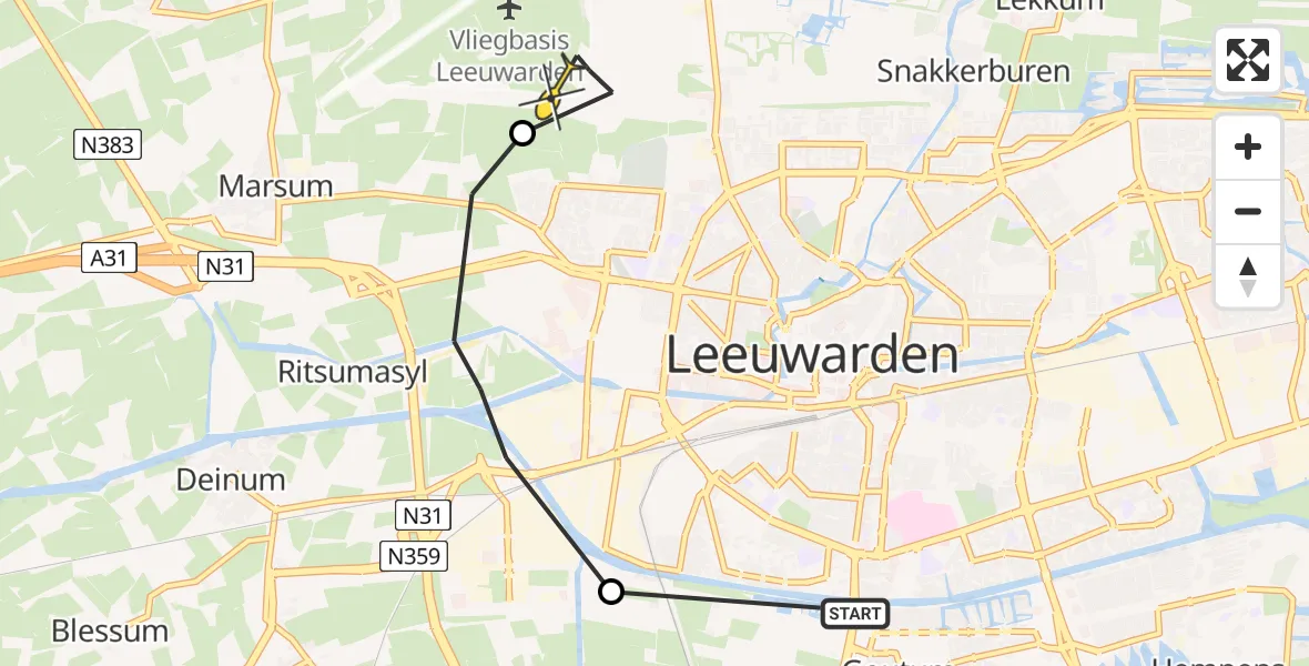 Routekaart van de vlucht: Ambulanceheli naar Vliegbasis Leeuwarden, Hendrik Algraweg