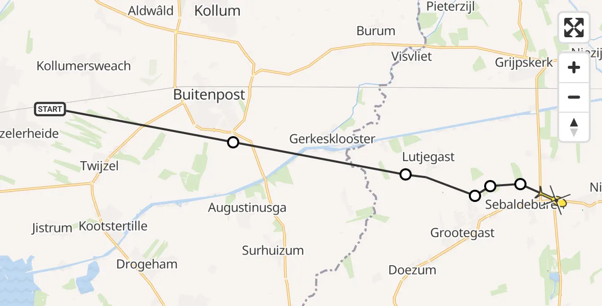 Routekaart van de vlucht: Ambulanceheli naar Oldekerk, Lutkepost