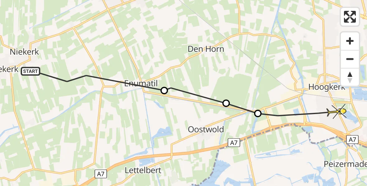 Routekaart van de vlucht: Ambulanceheli naar Groningen, Dijkstreek