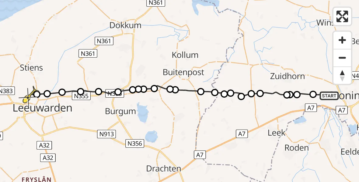 Routekaart van de vlucht: Ambulanceheli naar Vliegbasis Leeuwarden, Aduarderdiepsterweg