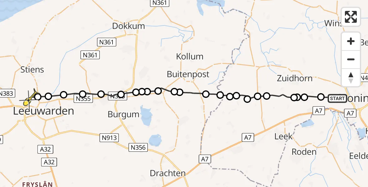 Routekaart van de vlucht: Ambulancehelikopter naar Vliegbasis Leeuwarden, Aduarderdiepsterweg