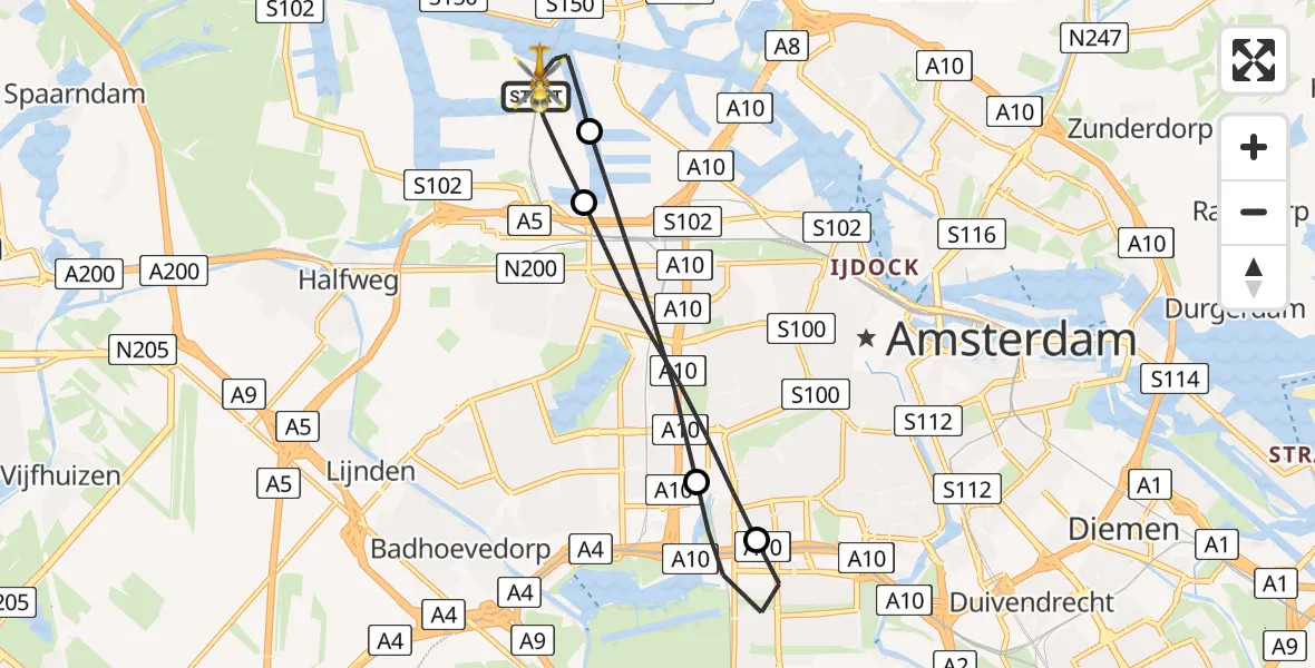 Vluchtroute Traumahelikopter van Amsterdam Heliport naar Amsterdam Heliport