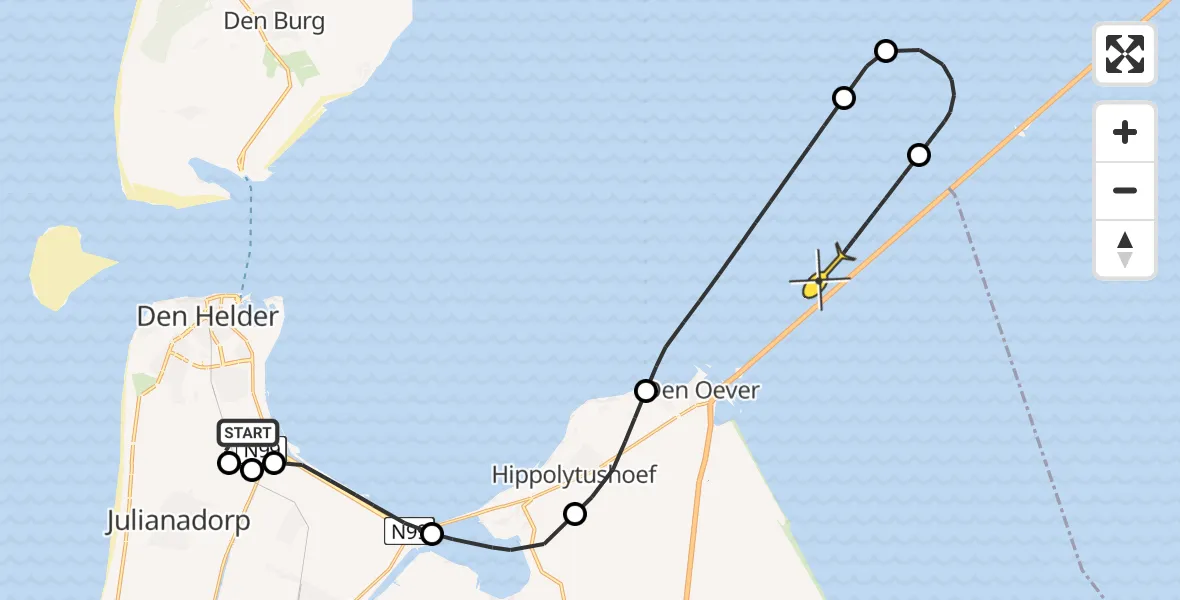Routekaart van de vlucht: Kustwachthelikopter naar Den Oever, Middenvliet