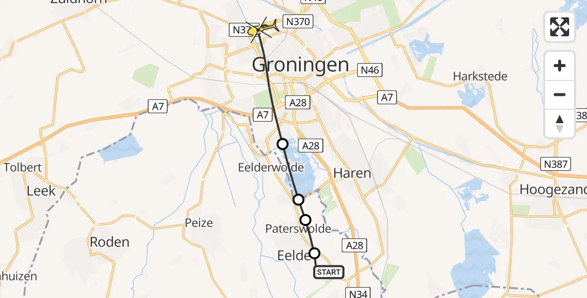 Routekaart van de vlucht: Lifeliner 4 naar Groningen, Steenakkerweg