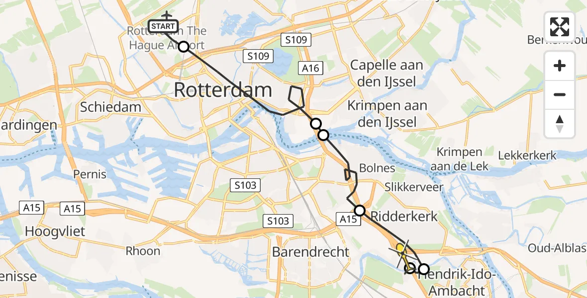 Routekaart van de vlucht: Lifeliner 2 naar Ridderkerk, Rijs-en-daalpad